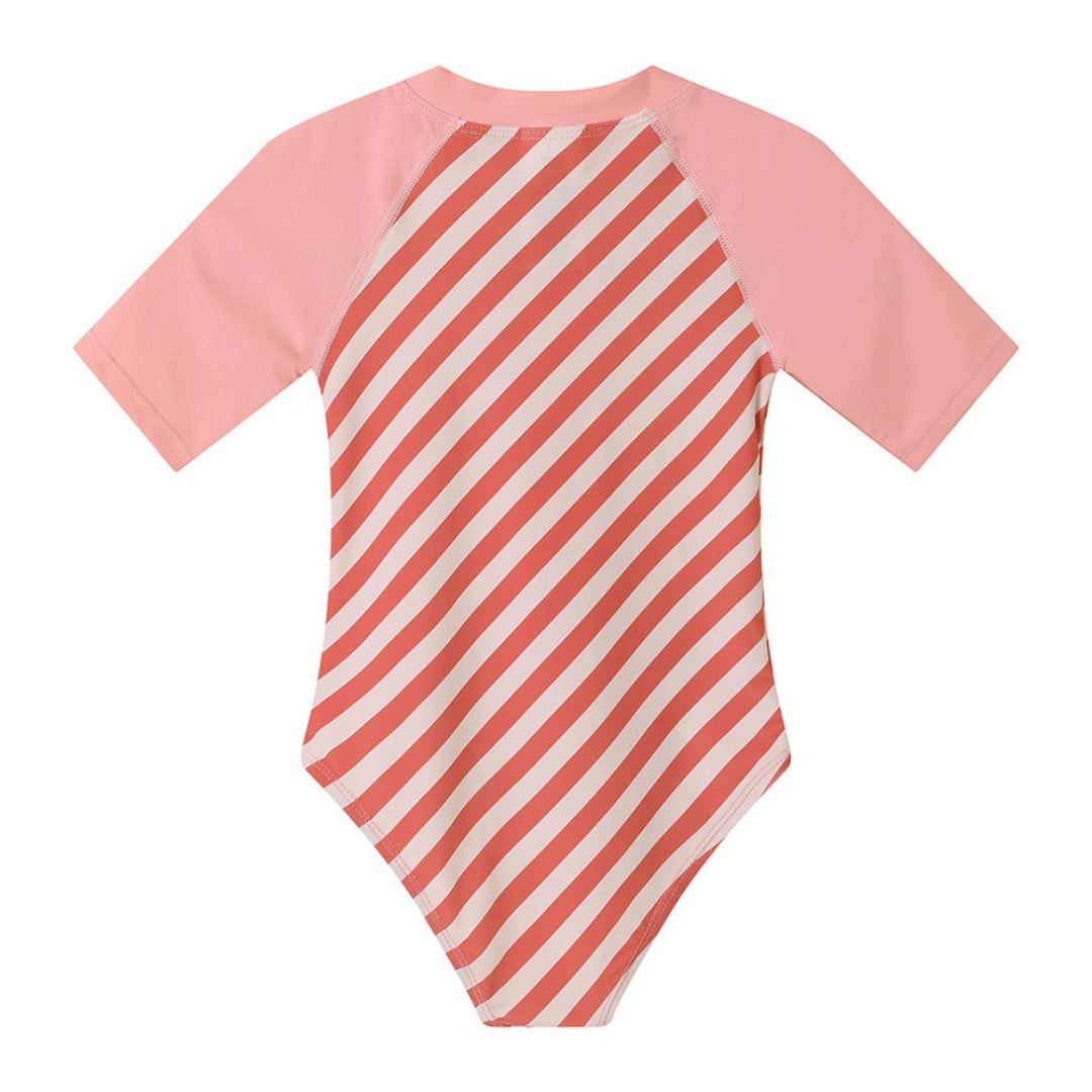 Fato de banho infantil rosa com riscas diagonais
