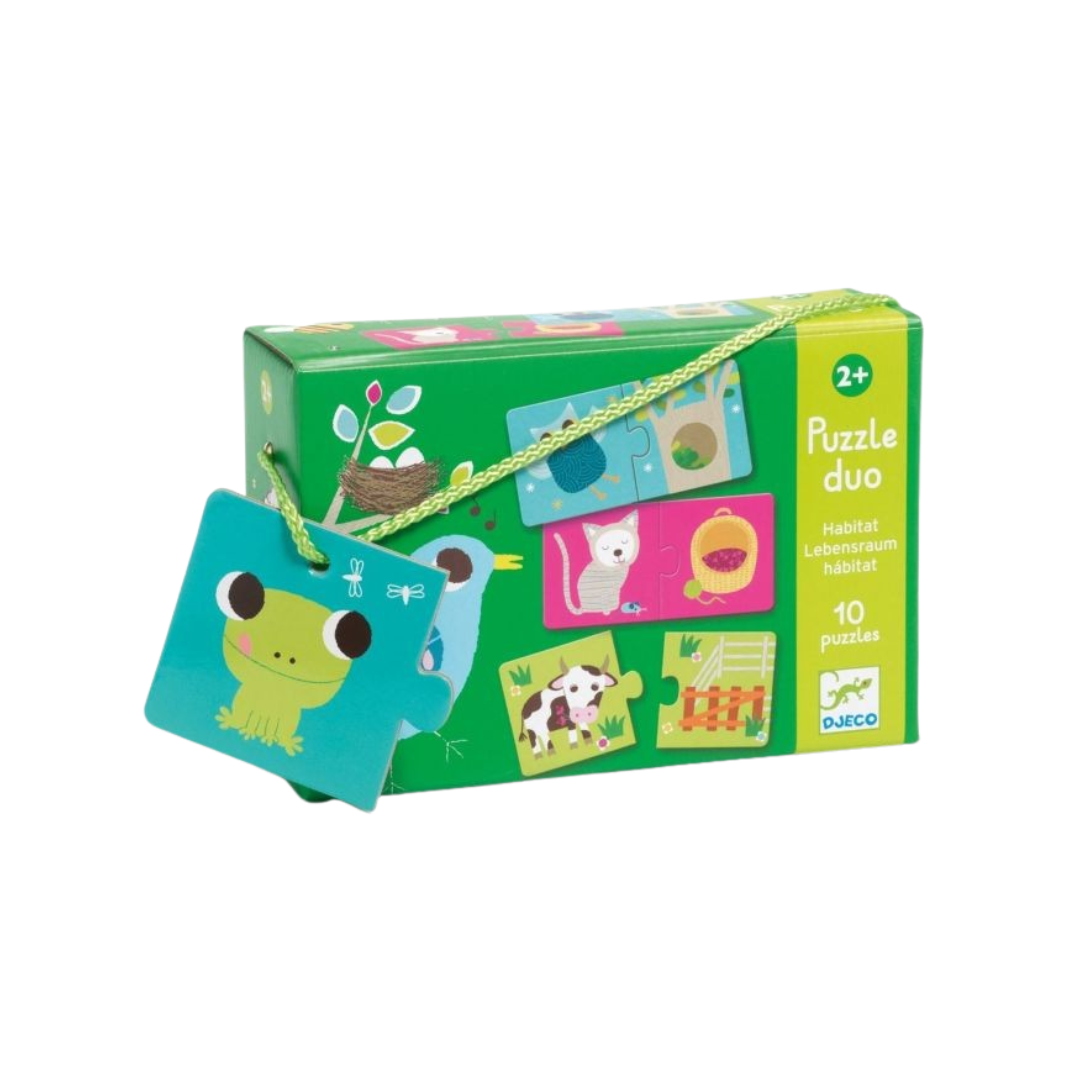 Caixa verde de Puzzle duo DJECO com puzzle azul de rã