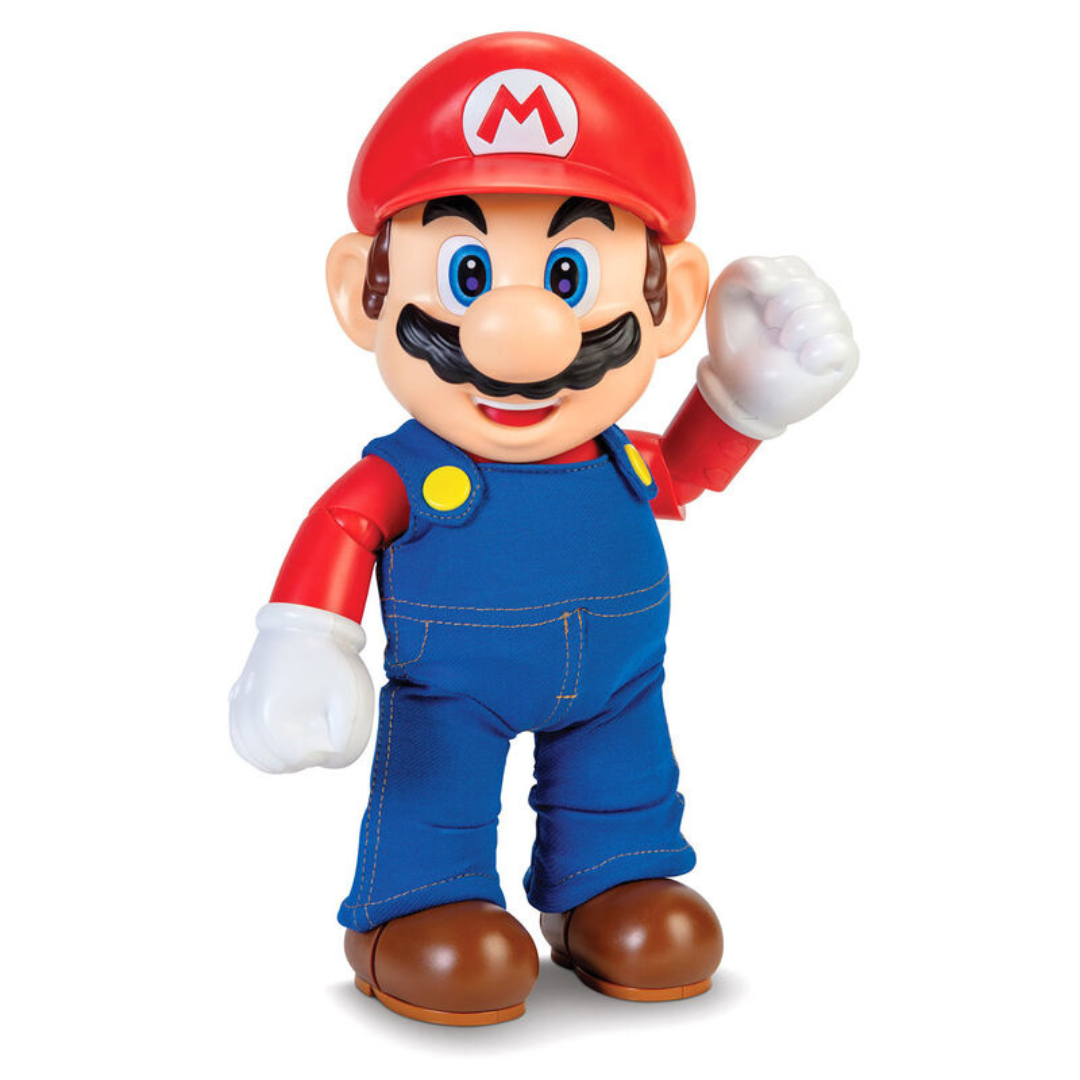 Boneco do personagem Mario vestindo fato azul e boné vermelho com símbolo M.