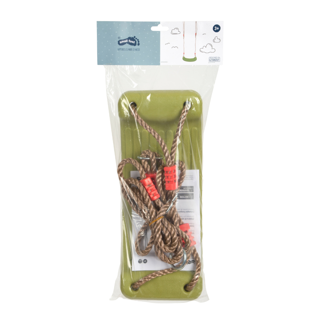 Balanço infantil verde com cordas castanhas embalado