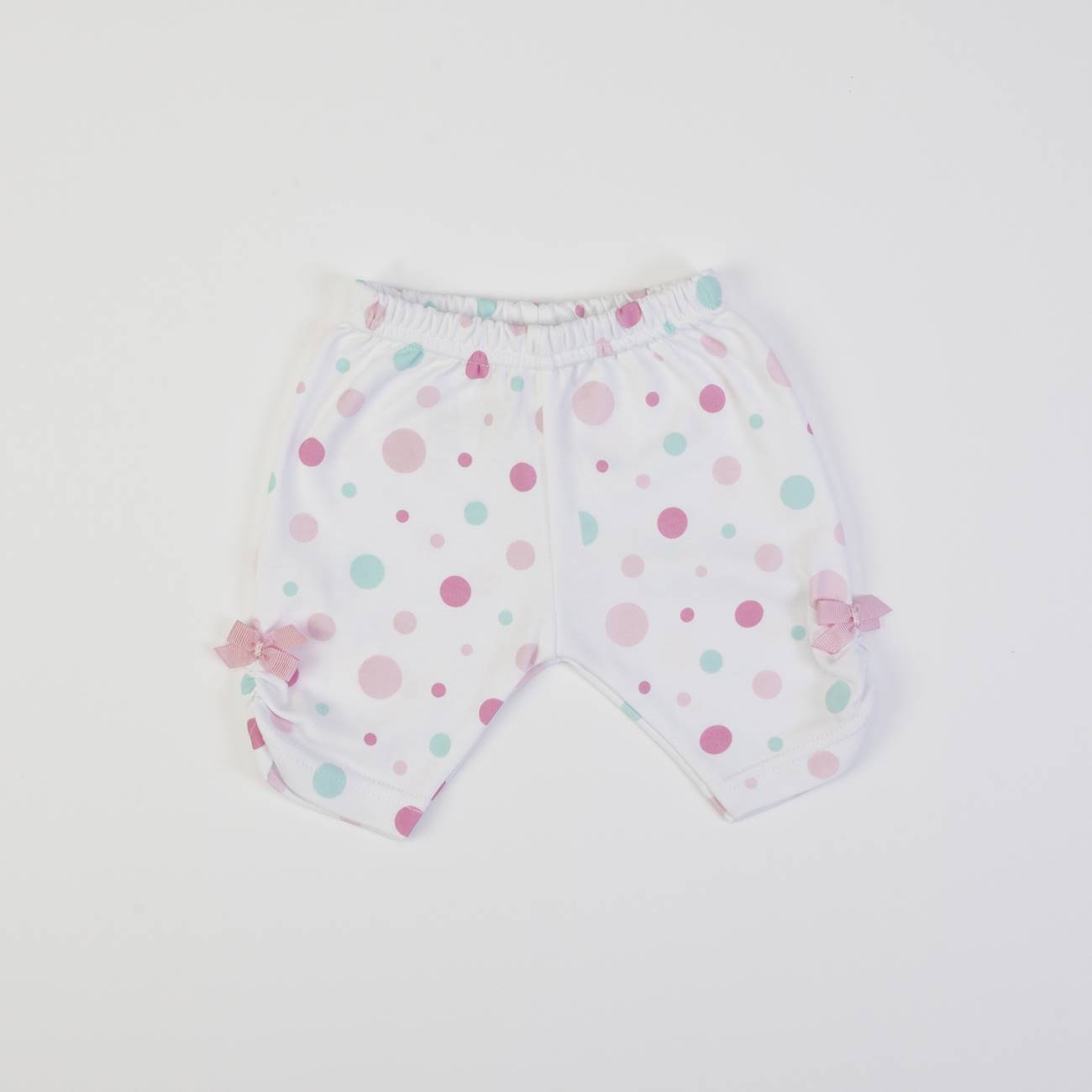 Calção de bebé branco com bolas coloridas e laços cor-de-rosa nas pernas