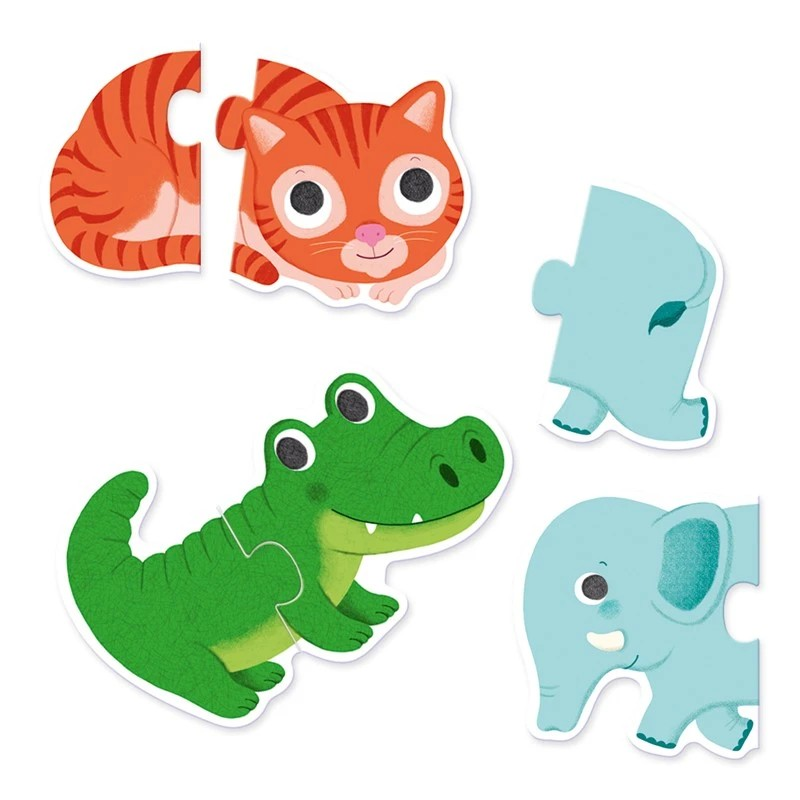 Peças de puzzle com desenhos de gato, crocodilo e elefante coloridos