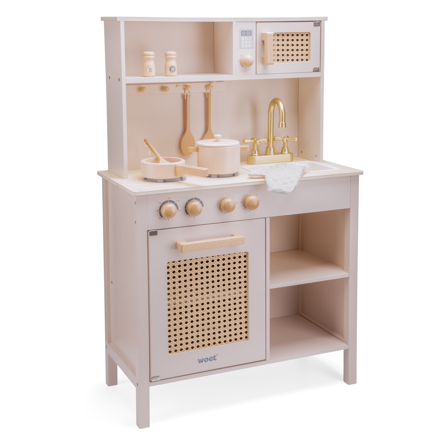 Cozinha de brinquedo de madeira cinza claro com acessórios e painel de rattan