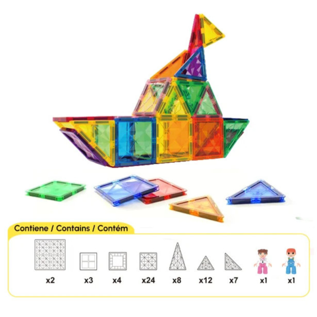 Brinquedo de construção colorido em forma de barco com peças geométricas e figuras de crianças