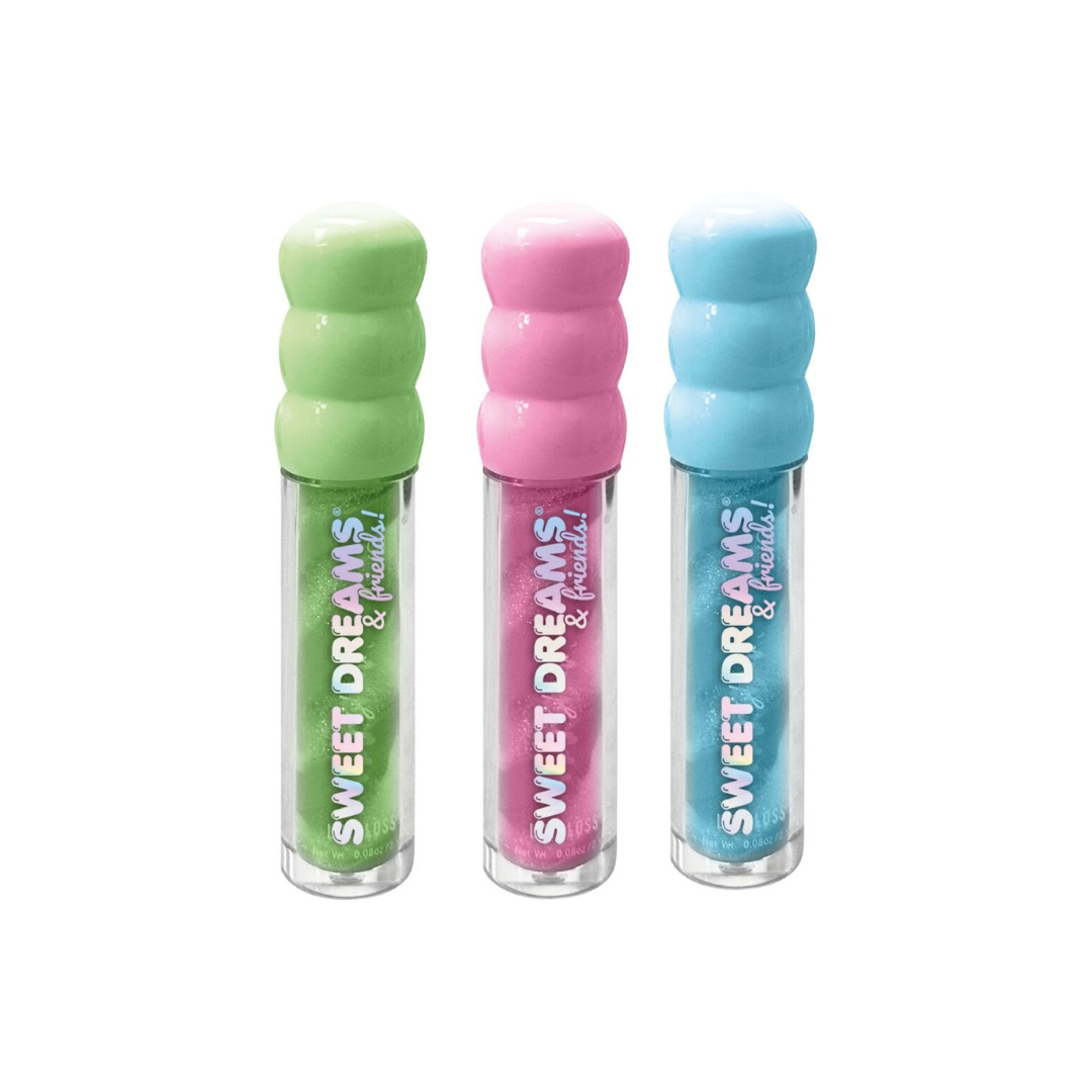 Três batons coloridos com embalagem transparente e tampas em verde, rosa e azul