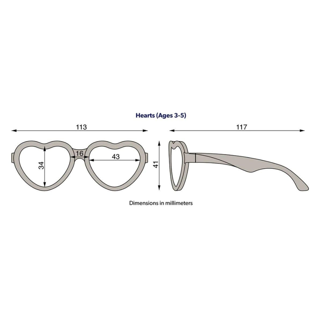 Desenho técnico de óculos infantis em forma de coração com medidas em milímetros
