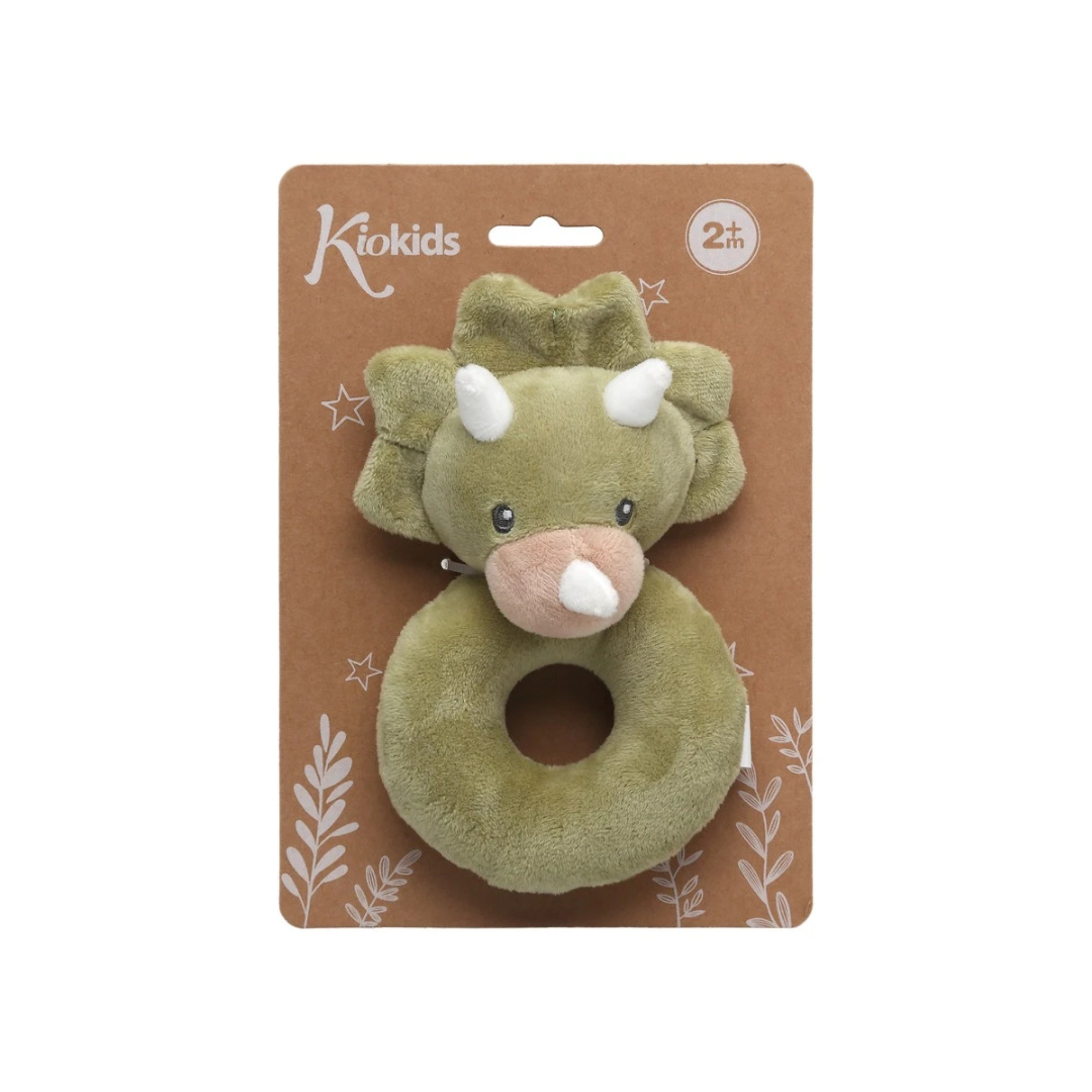 Brinquedo de peluche dinossauro verde com chifres e anel