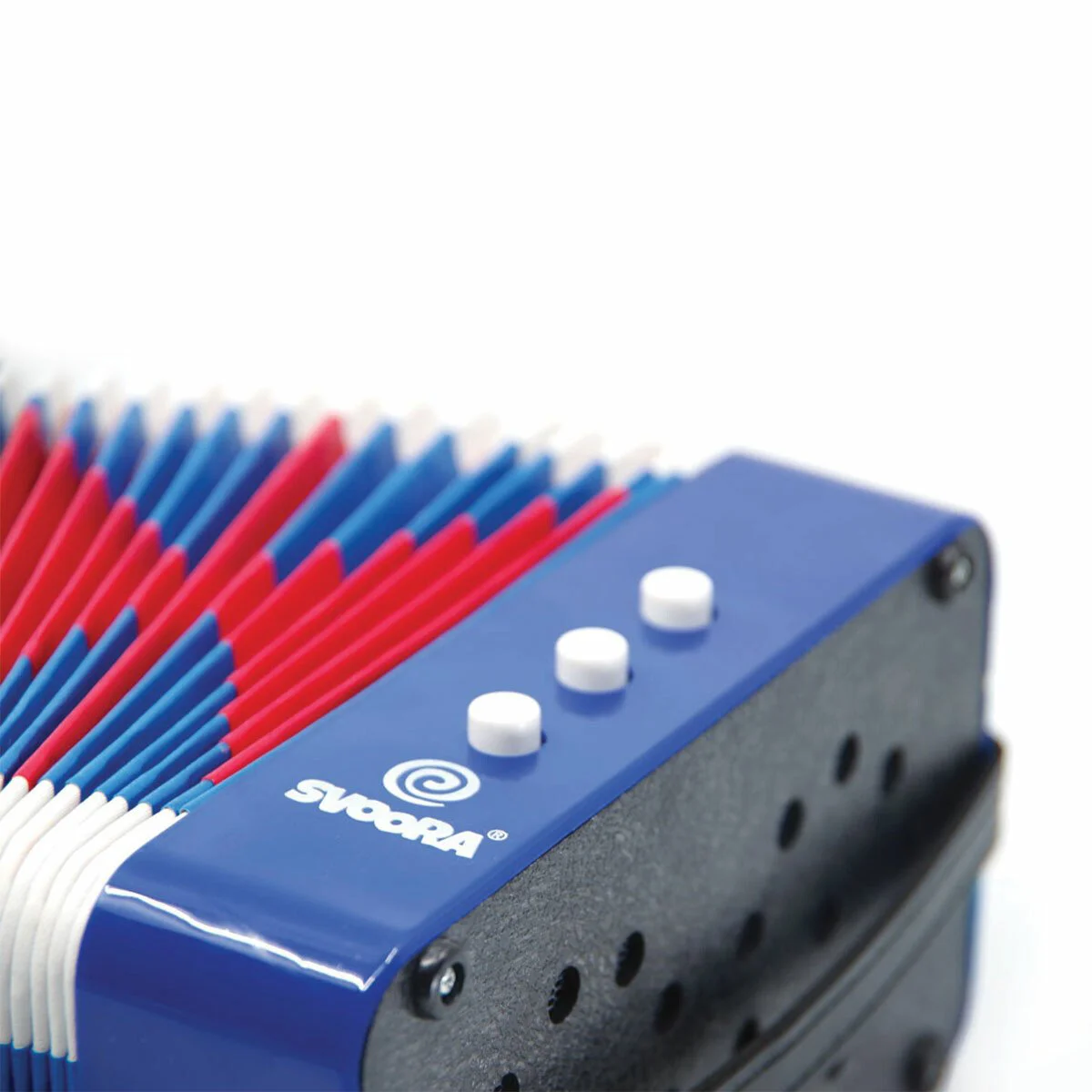 Acordeão com foles coloridos e botões brancos em corpo azul