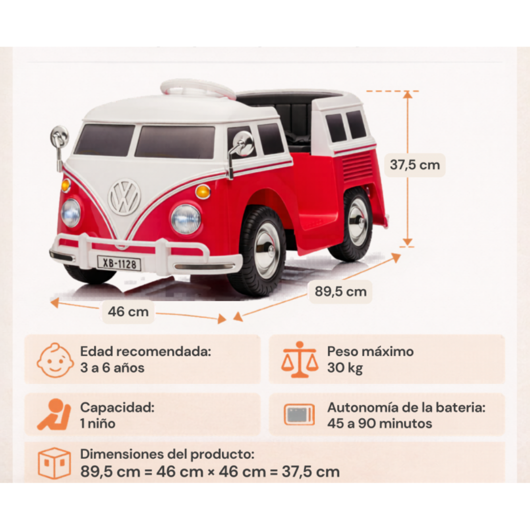 Cadeira de criança modelo carrinha Volkswagen vermelha e branca com medidas e especificações em espanhol