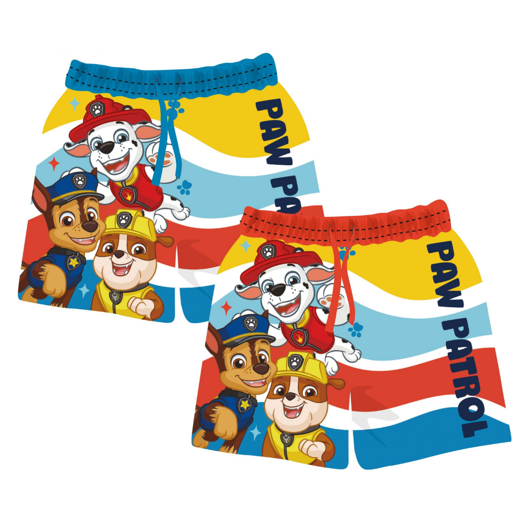 Dois pares de calções de banho infantis Paw Patrol coloridos com cordão na cintura.