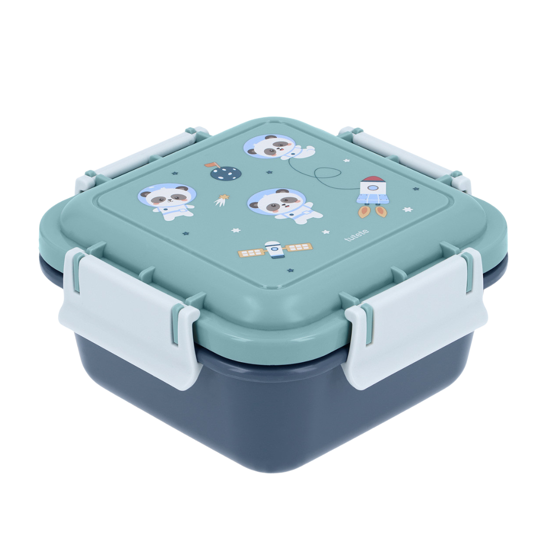 Recipiente para alimentos quadrado azul com decoração espacial e fechos brancos