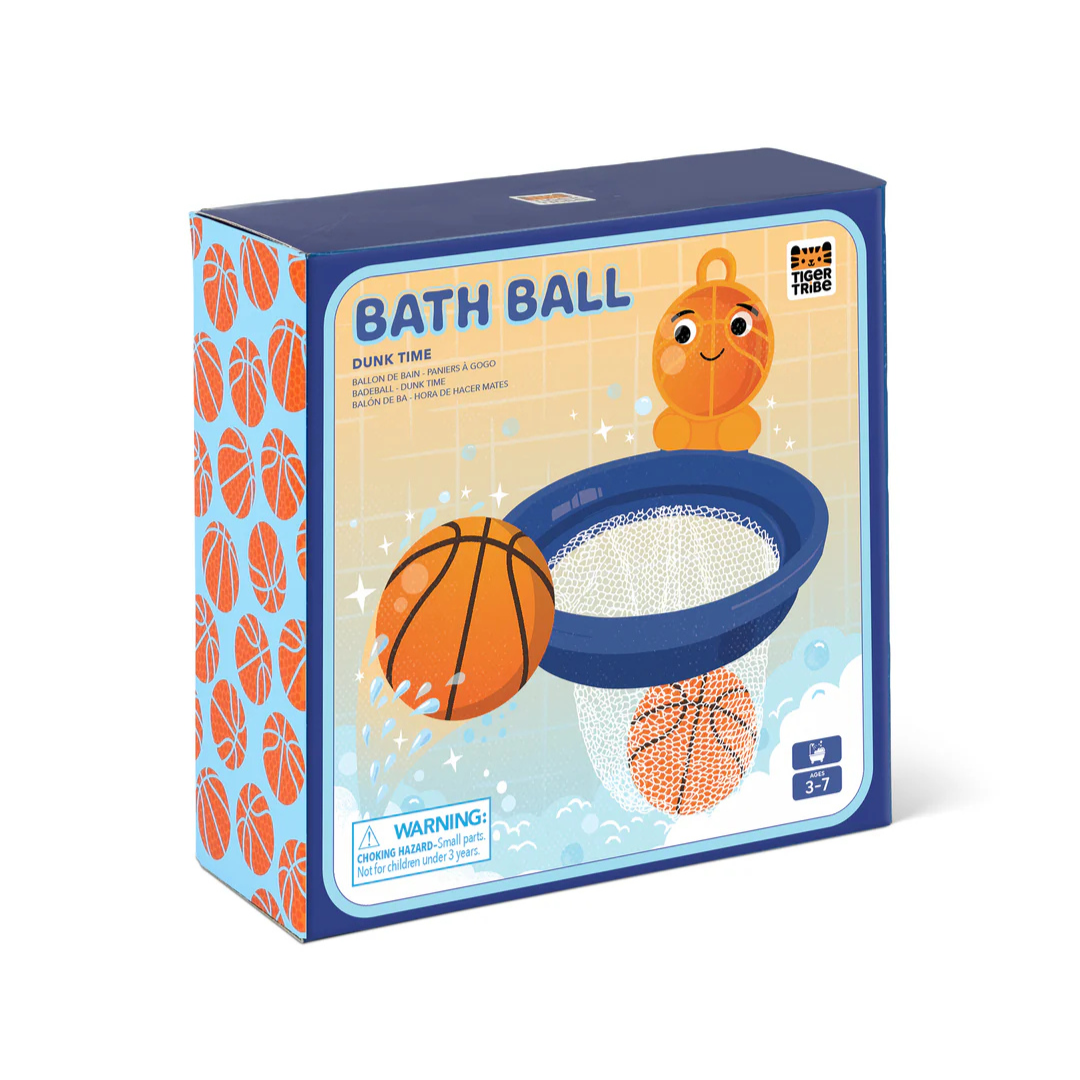 Embalagem de brinquedo BATH BALL com bola de basquetebol e aro azul para banho.