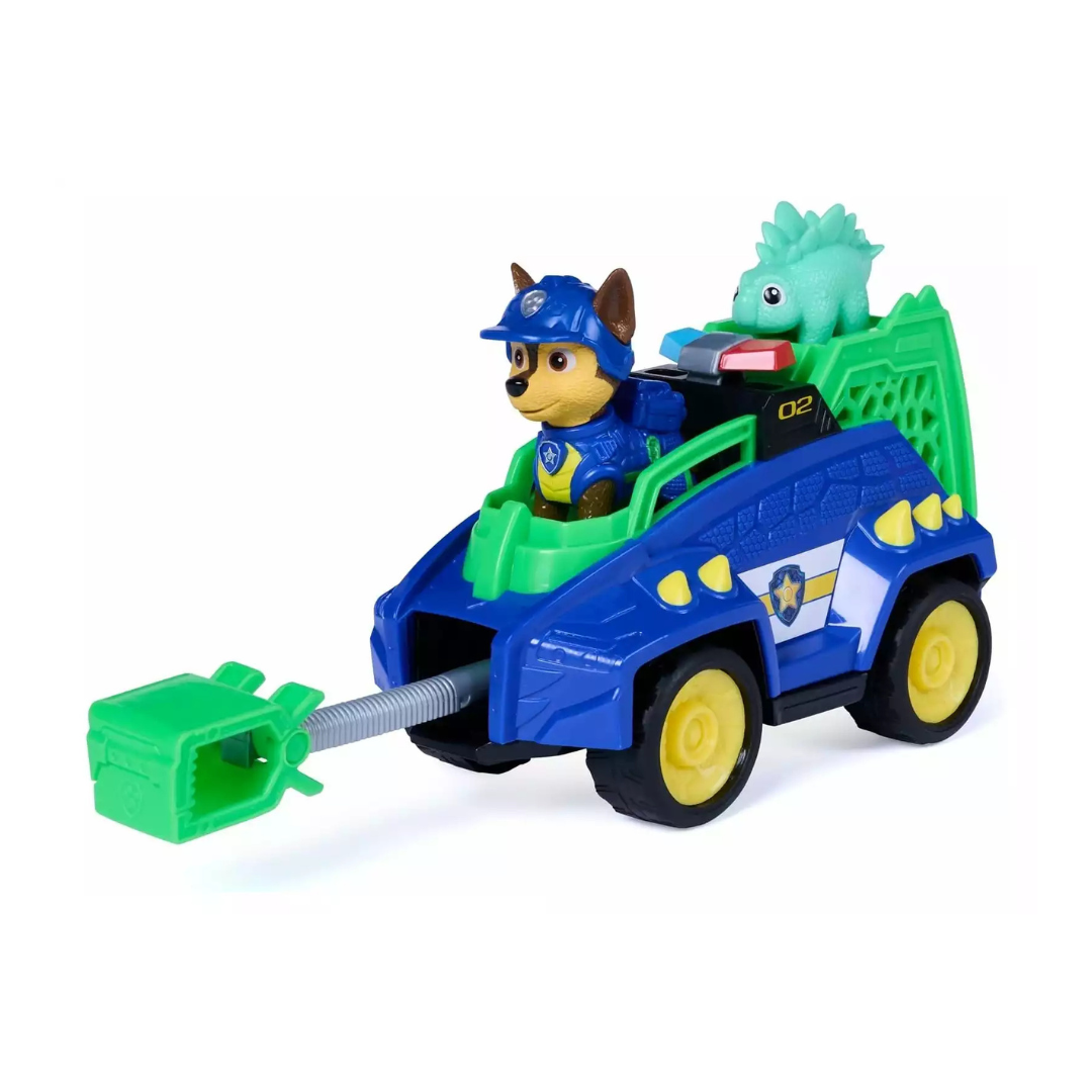 Brinquedo de veículo azul e verde com personagens de cachorro policial e dinossauro