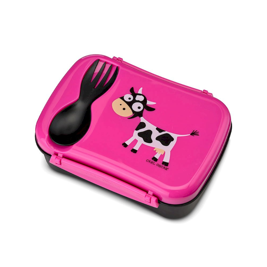 Caixa de almoço rosa com ilustração de vaca e garfo-colher preto