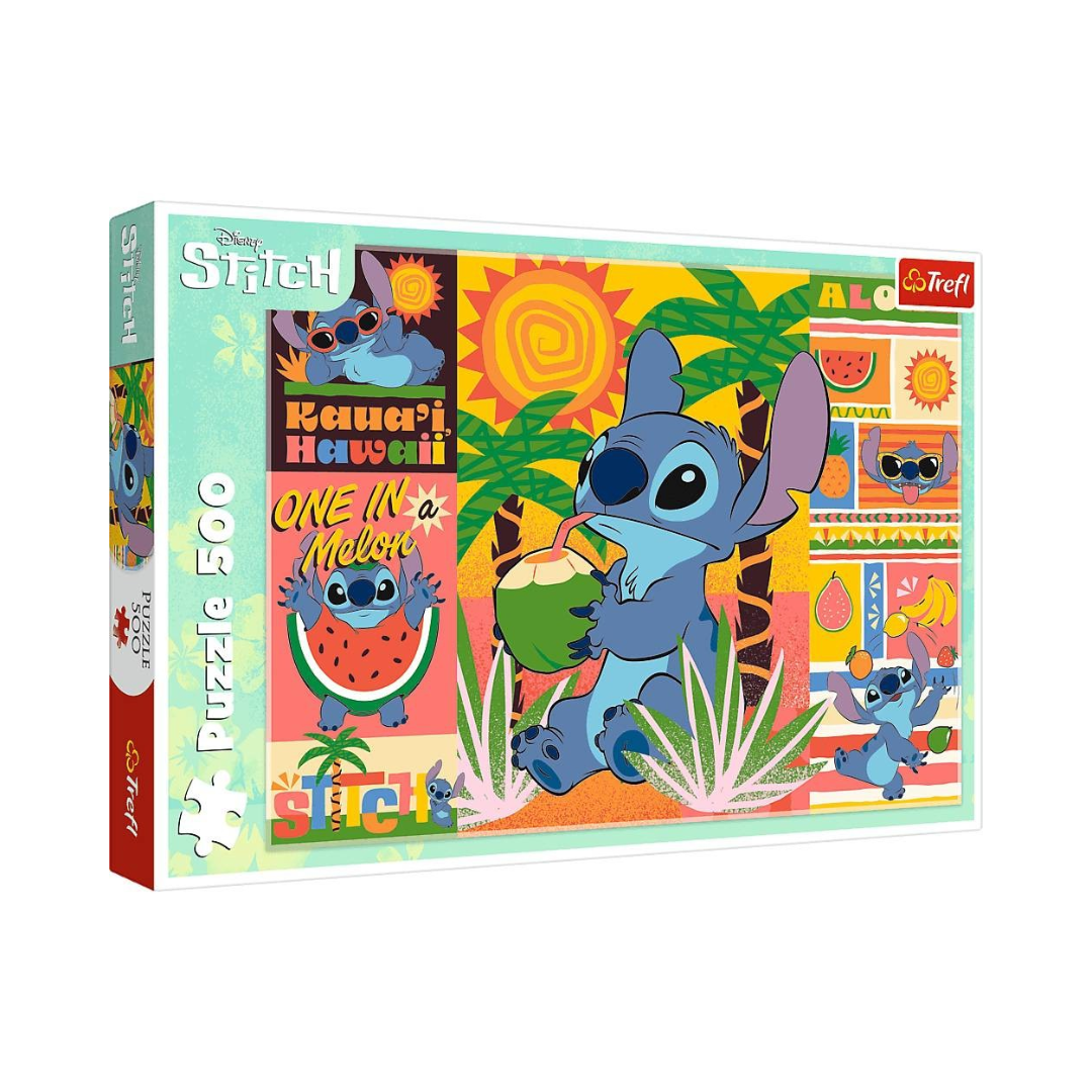 Caixa de puzzle Stitch Disney 500 peças com tema tropical e textos em inglês