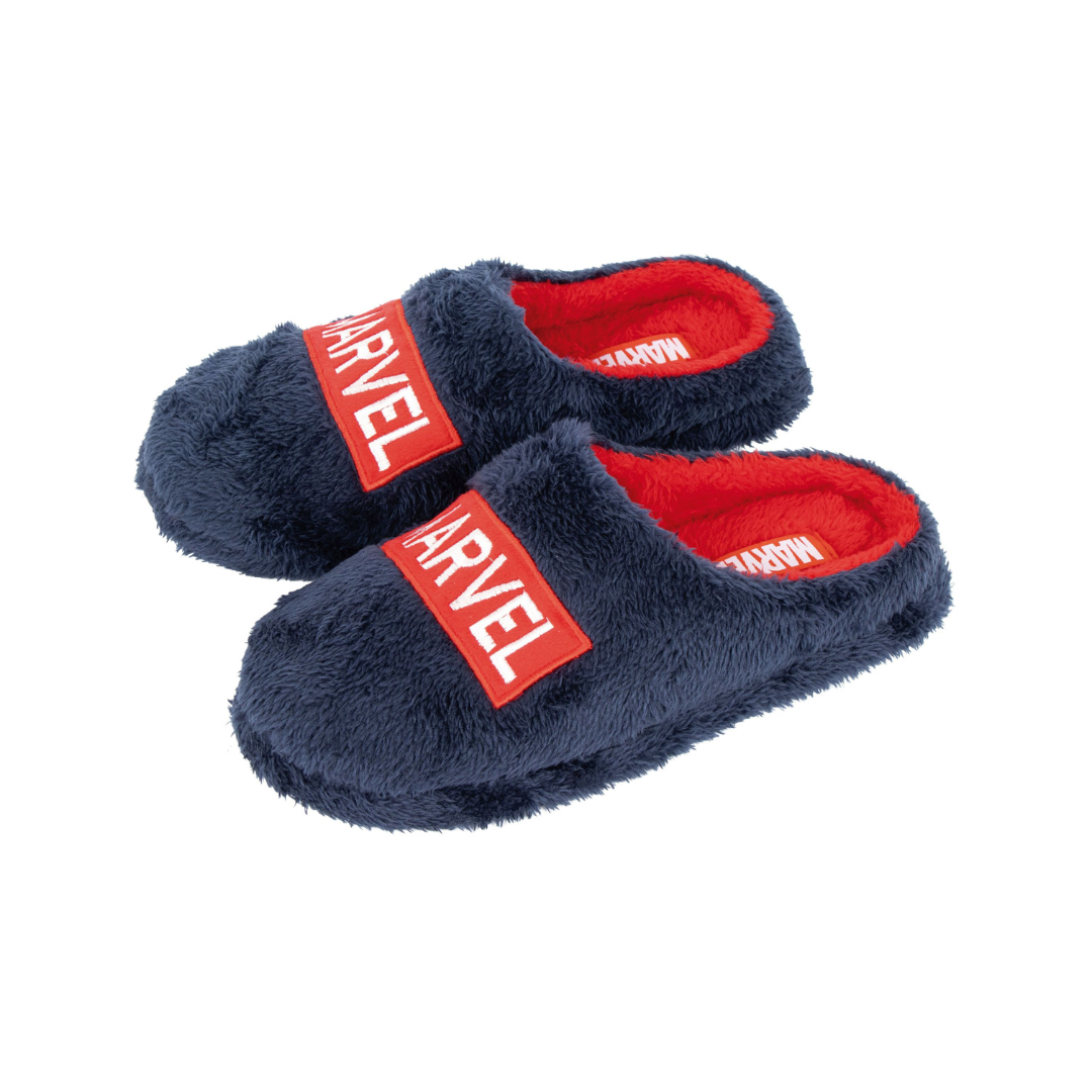 Chinelos felpudos azul escuro e vermelho com logótipo MARVEL branco e vermelho