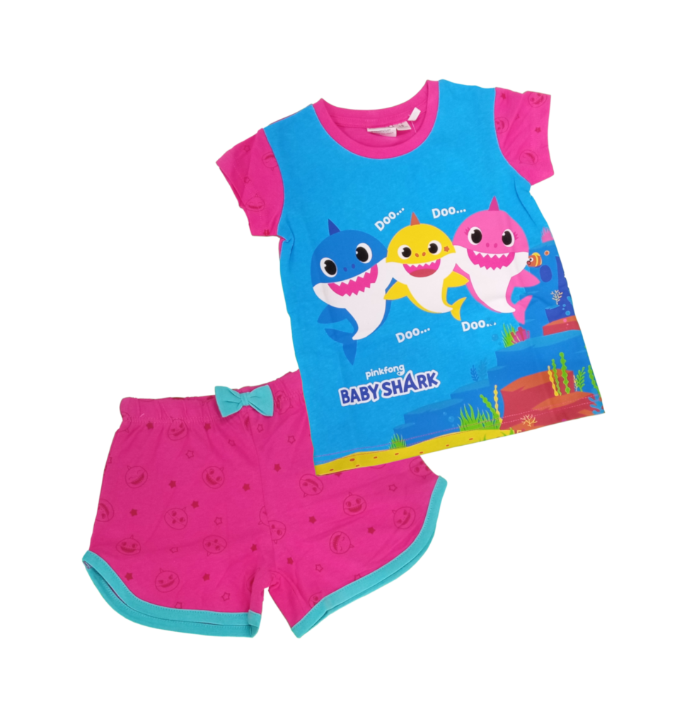 Conjunto criança t-shirt azul rosa com tubarões e calções rosa com padrão círculos