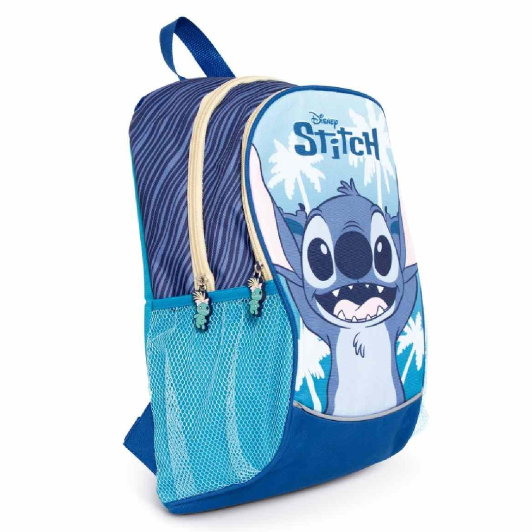 Mochila azul com estampado do personagem Stitch e bolsos em rede azul