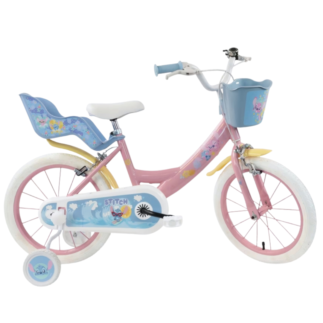 Bicicleta infantil rosa com cesto e banco azul decorados com personagem Stitch