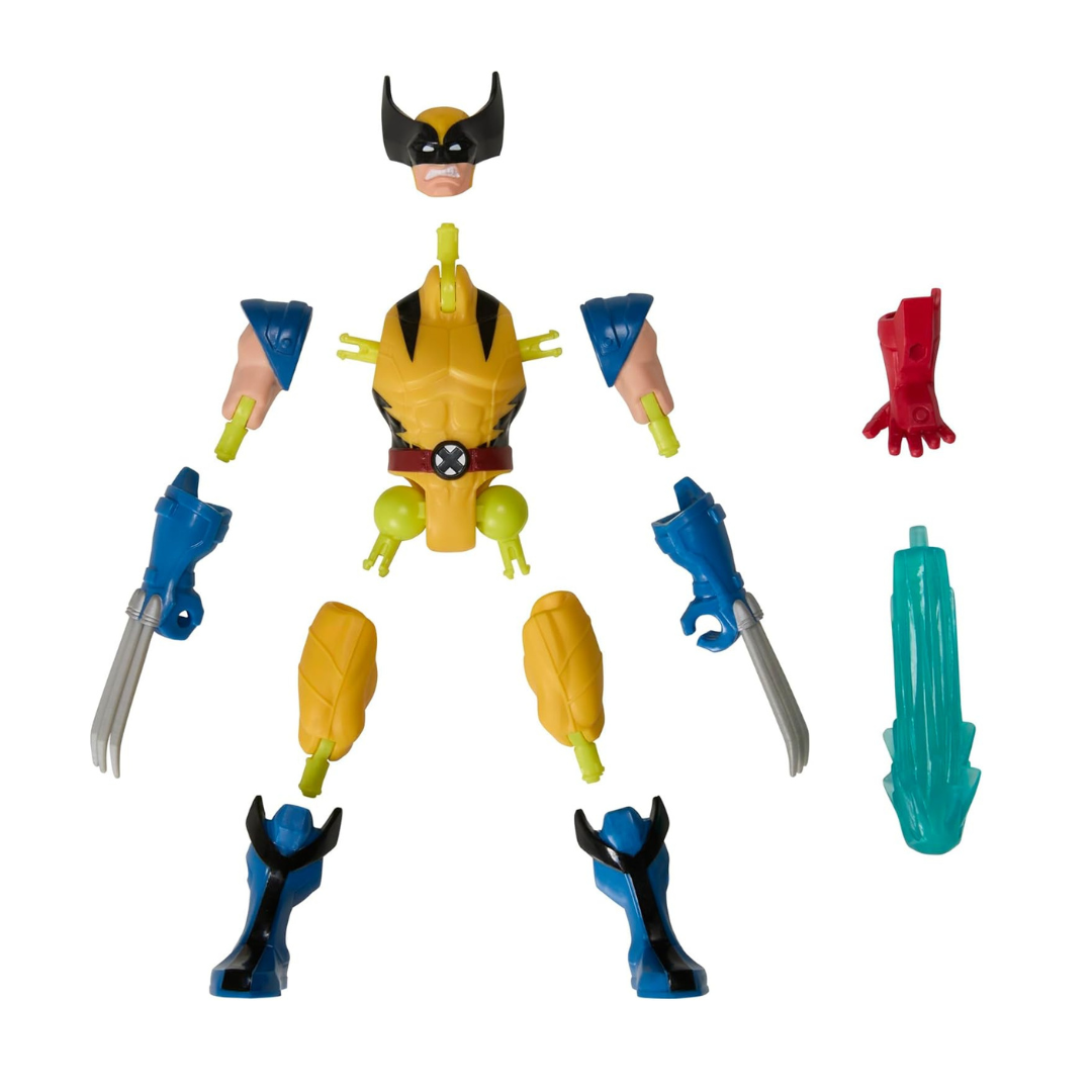 Peças desmontadas de figura de ação do Wolverine sobre fundo branco