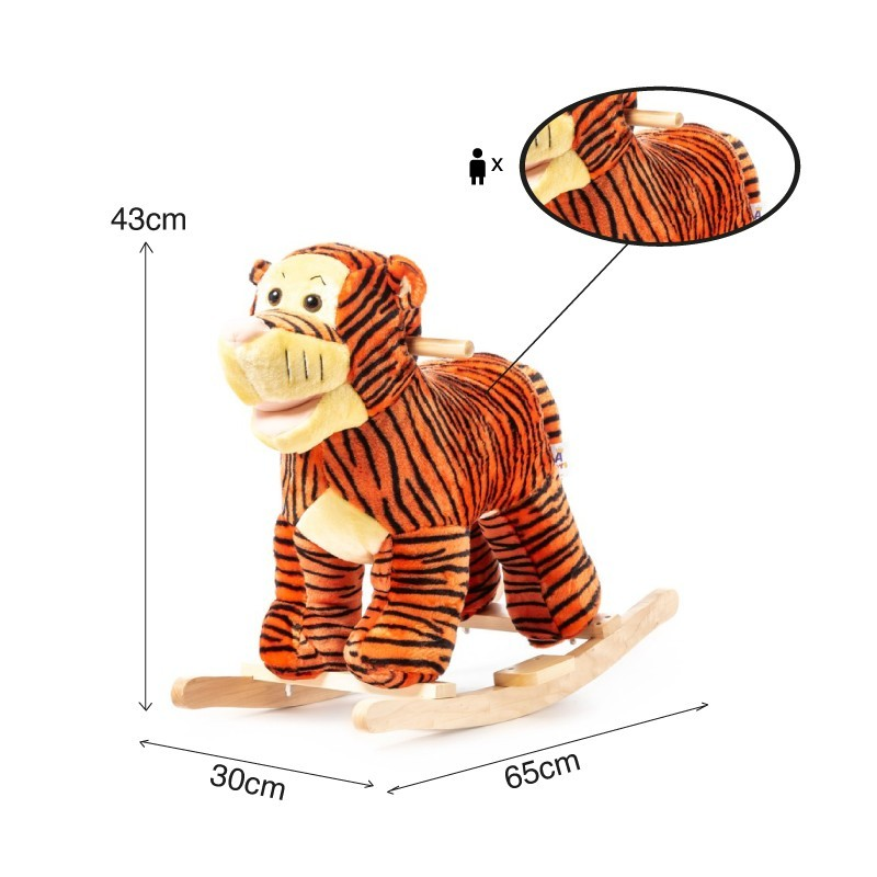 Cavalo de balanço infantil tigre em pelúcia com base de madeira clara
