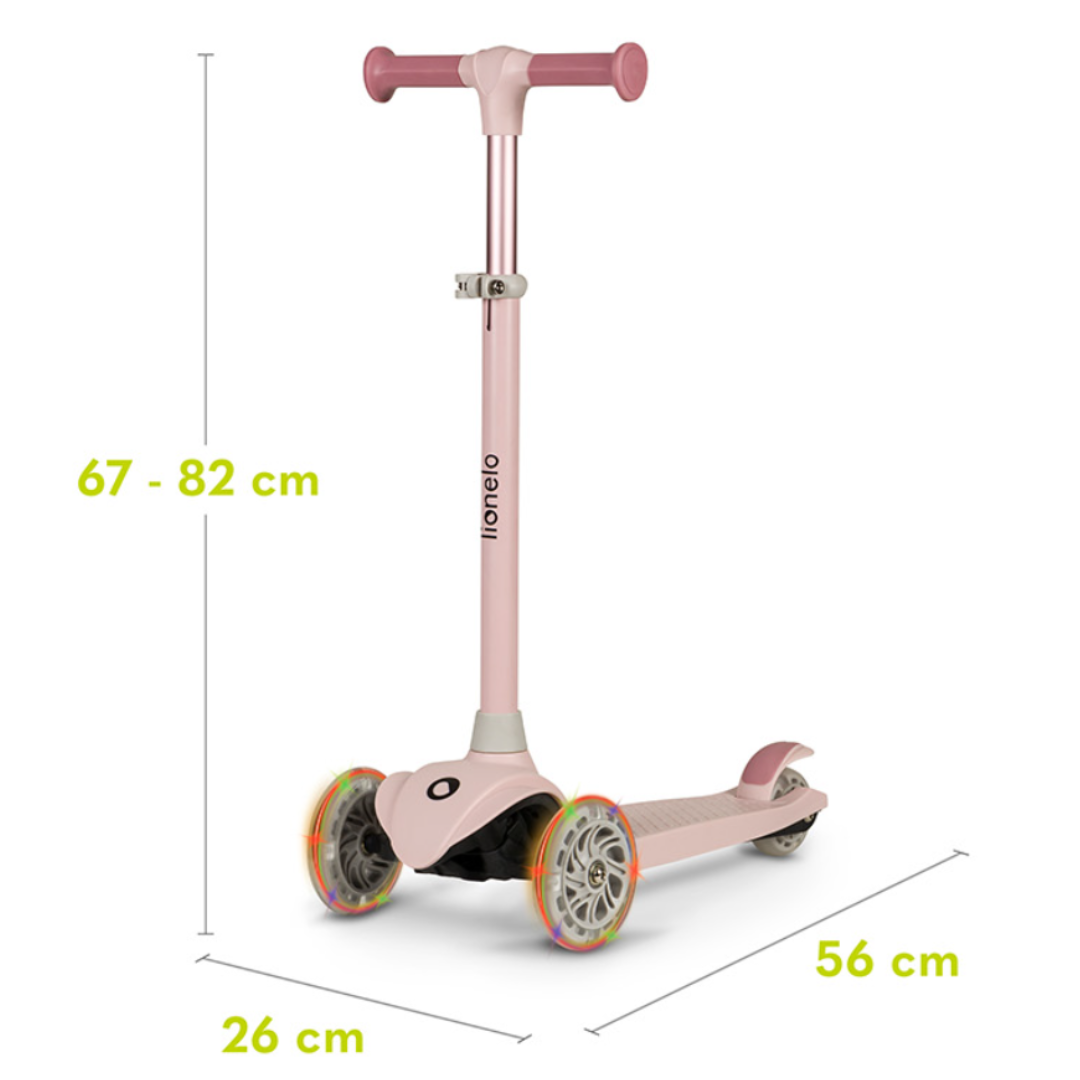 Trotinete infantil rosa com três rodas e luzes