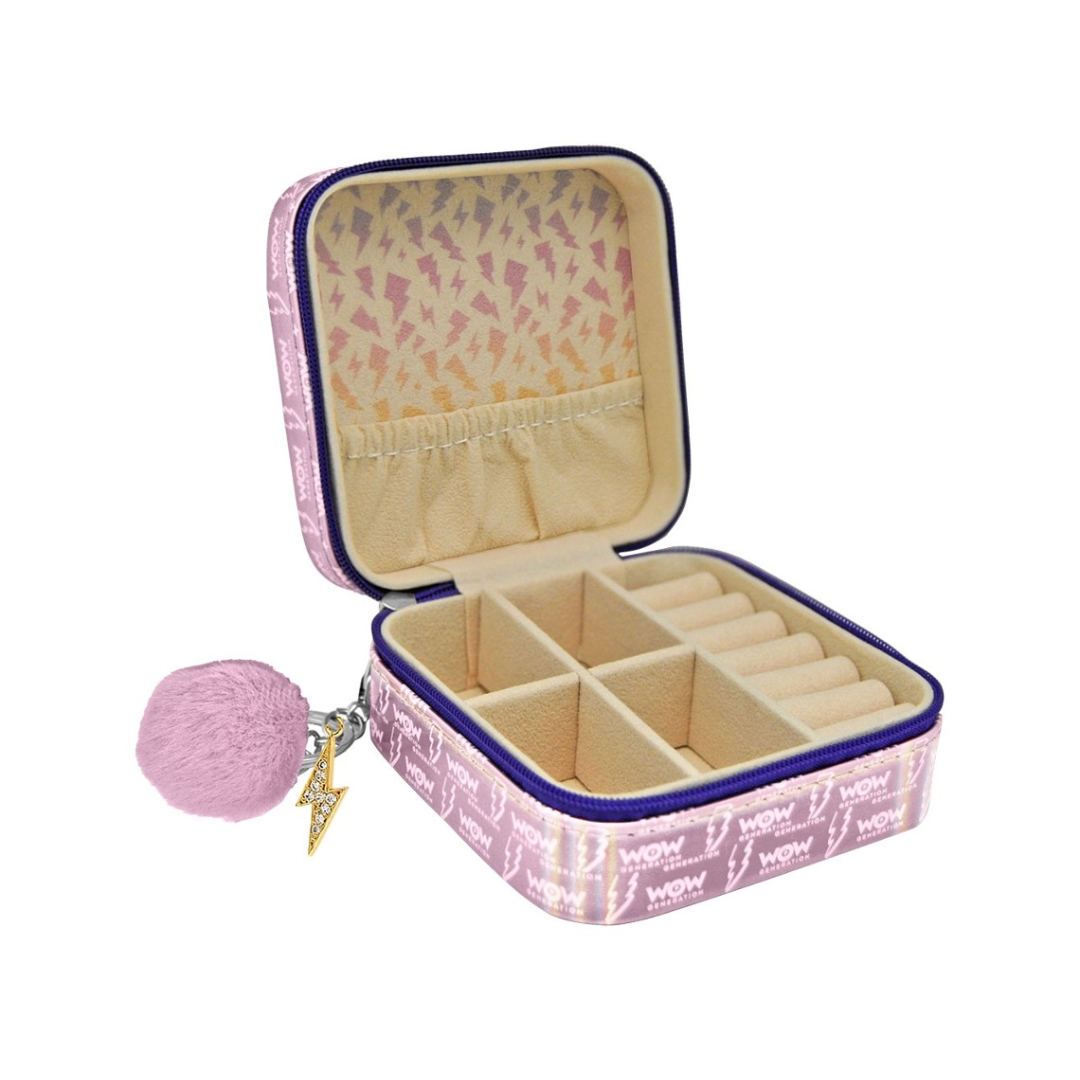 Estojo de joias cor-de-rosa com interior creme e pompom lilás