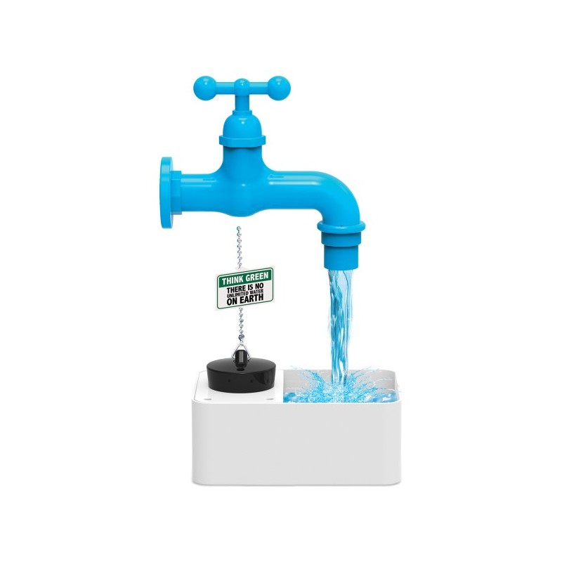 Torneira azul a fluir água para base branca com placa sobre a importância da água