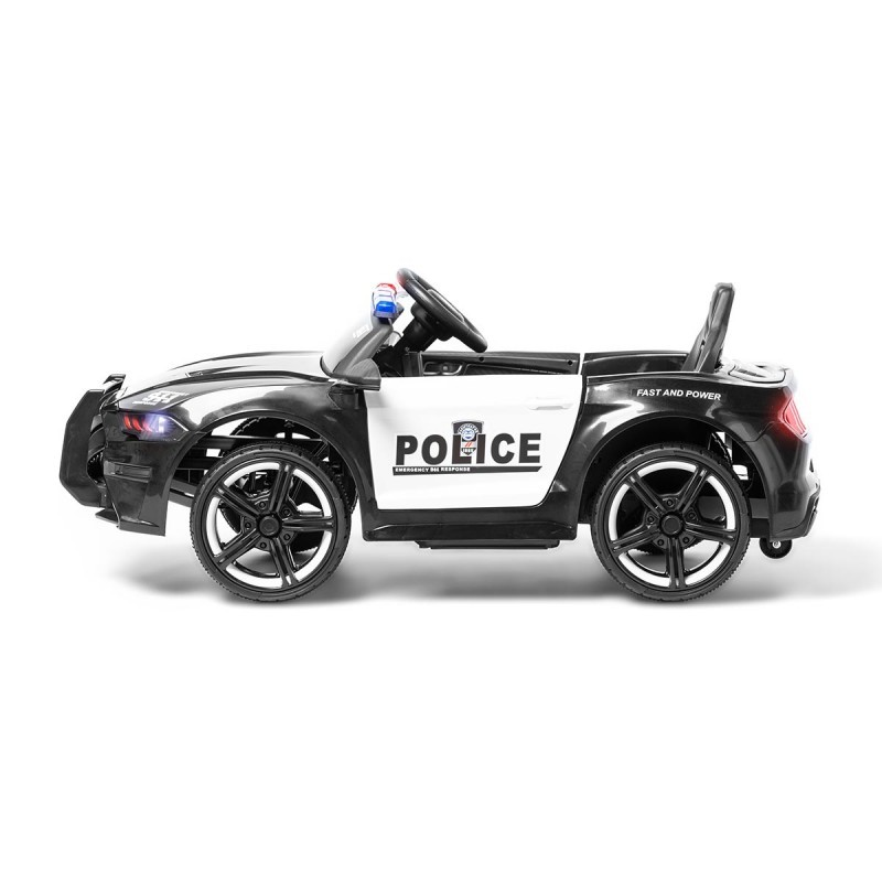 Carro de brinquedo elétrico preto e branco estilo polícia