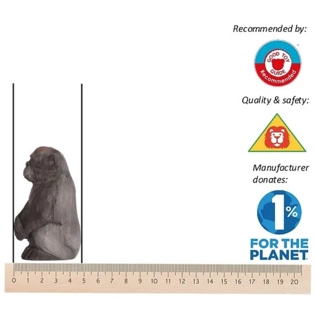 Escultura pequena de gorila com régua e selos de segurança e doação