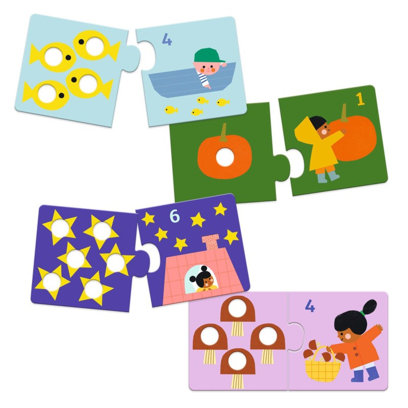 Peças de puzzle educativo com peixes, barco, crianças, estrelas, cogumelos e abóboras