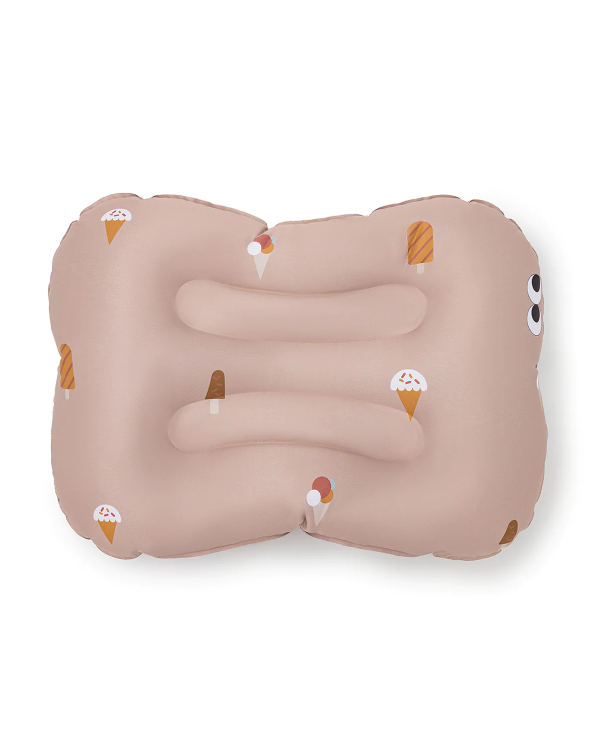 Colchão insuflável rosa claro com estampado de gelados e olhos numa extremidade