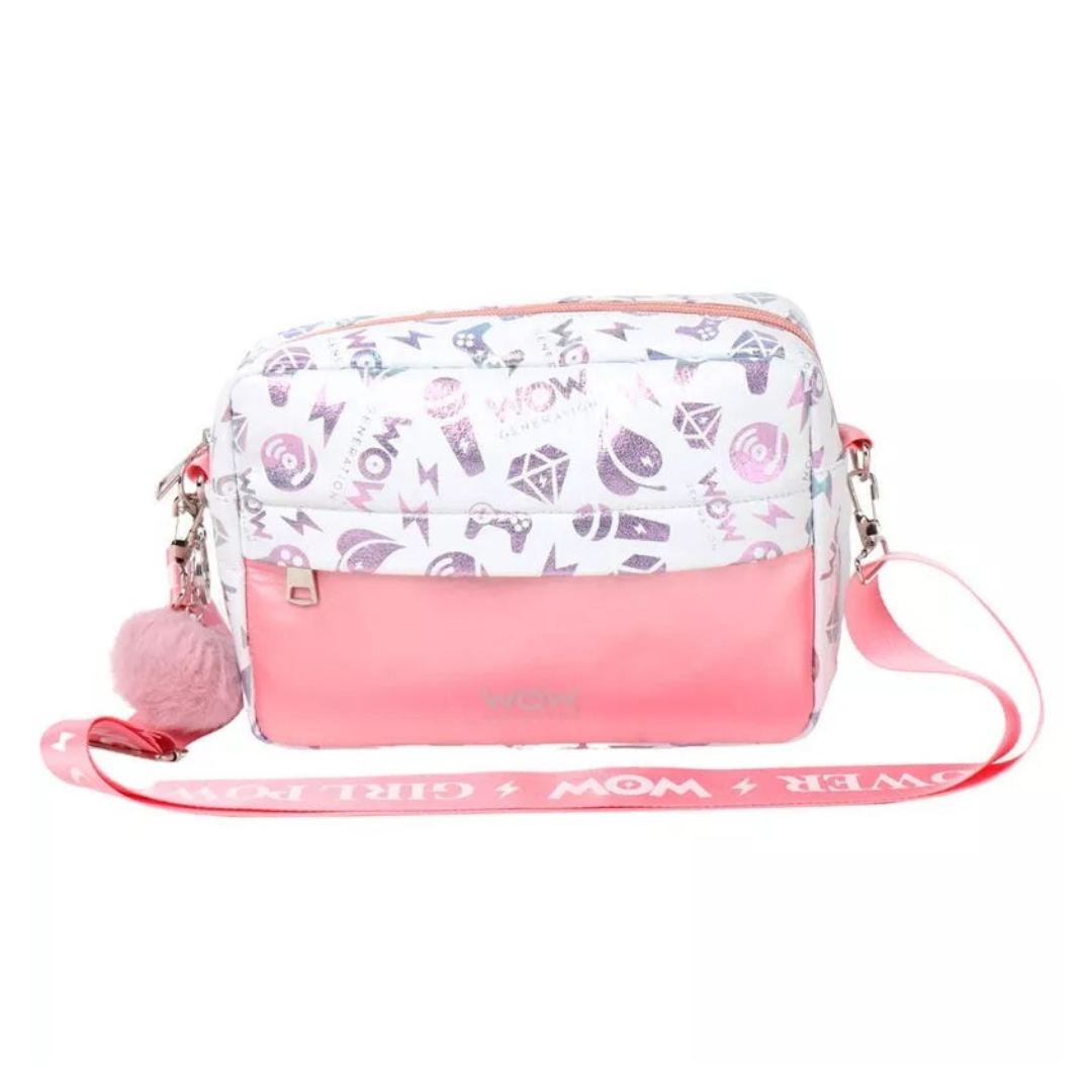 Mala tiracolo branca e rosa com padrão e alça rosa com texto