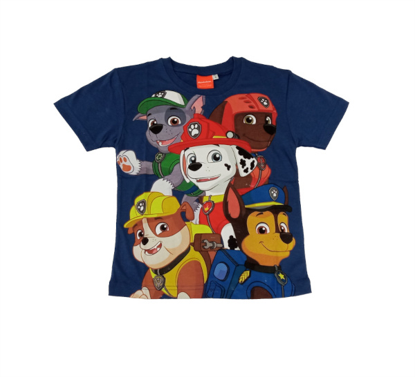 T-shirt infantil azul com personagens caninos coloridos estampados