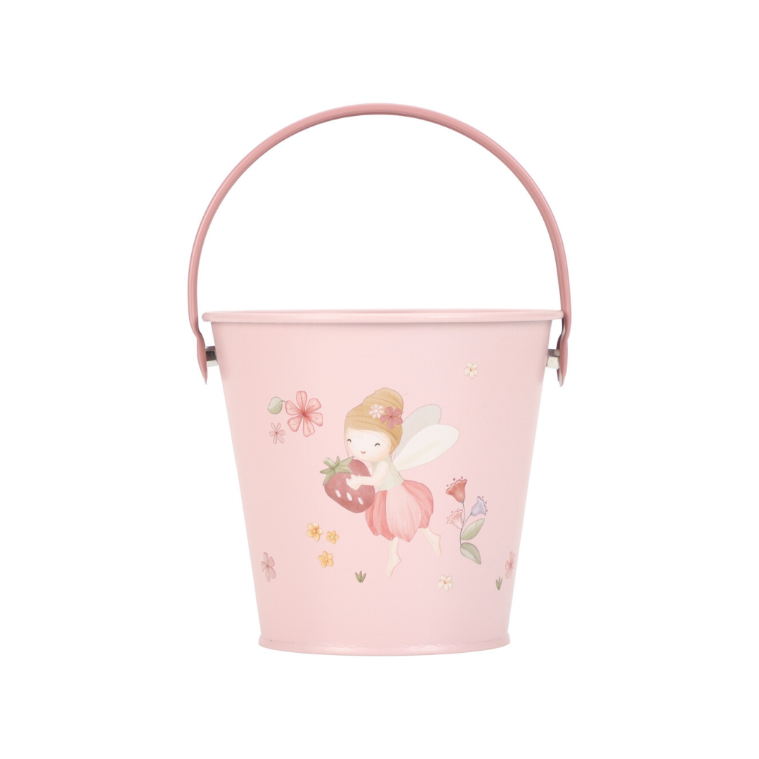 Balde rosa com ilustração de fada e flores