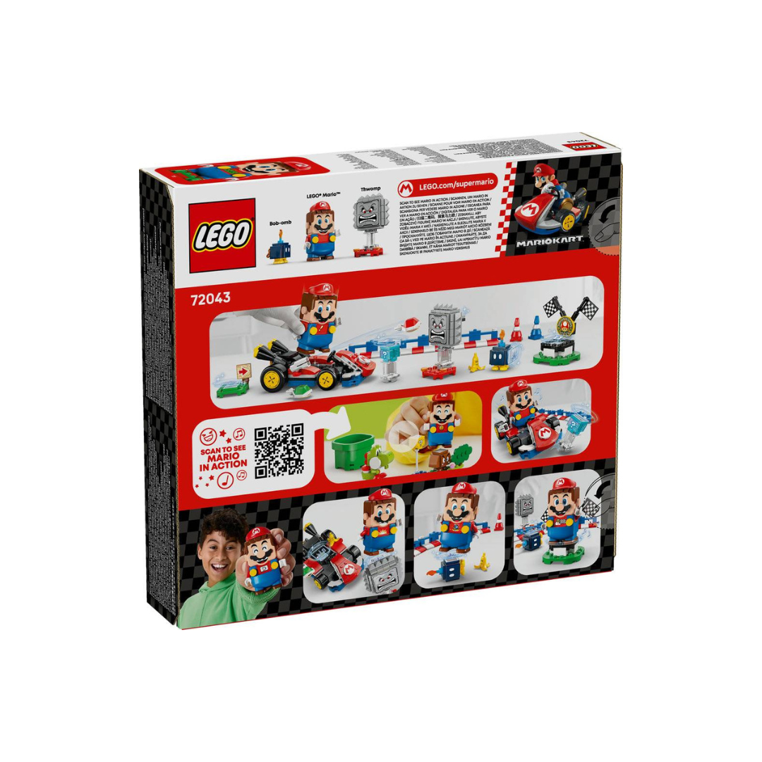 Caixa LEGO Mario Kart 72043 com figuras e acessórios em fundo branco.