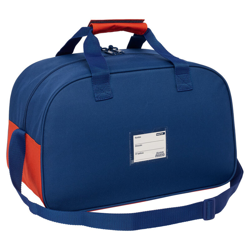 mala de transporte azul com detalhes vermelhos e etiqueta SUPER MARIO