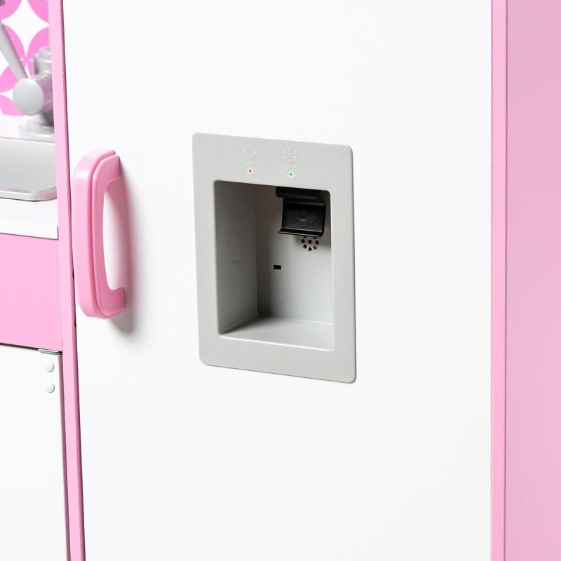 Porta de frigorífico branca com dispensador de gelo cinzento e detalhes rosa