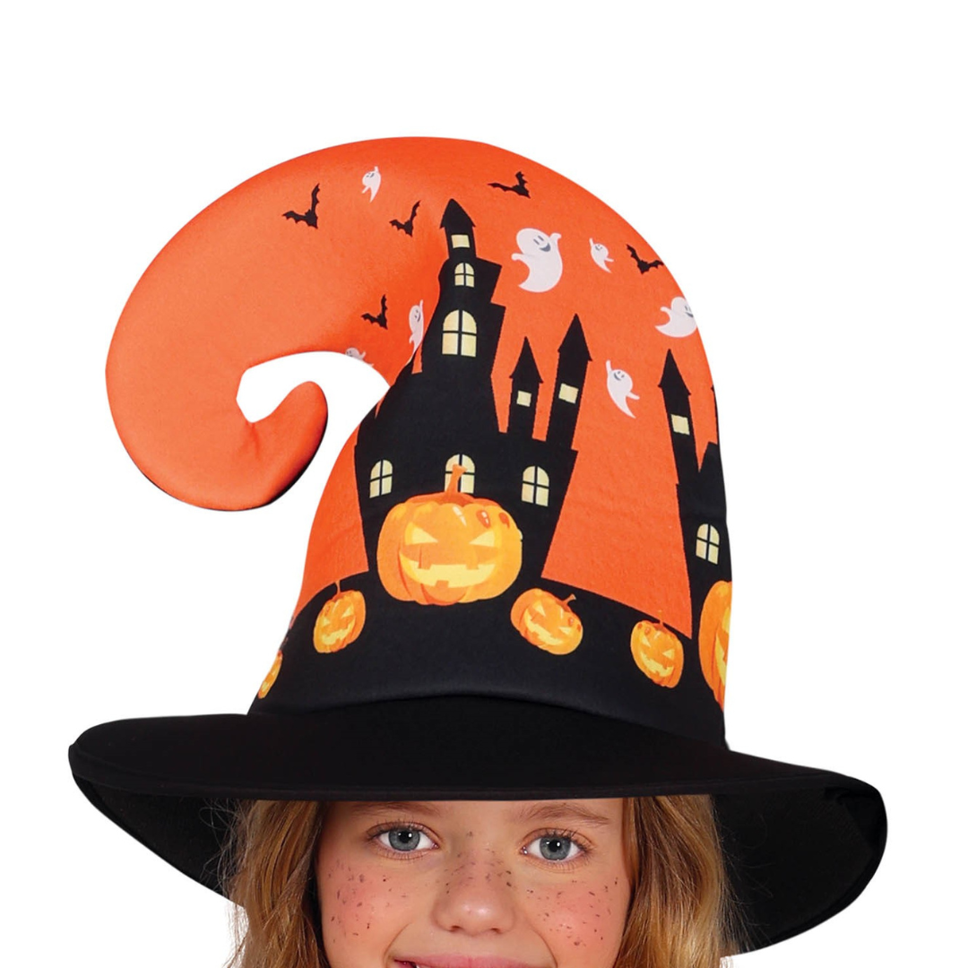 Chapéu de bruxa laranja e preto com desenhos de Halloween