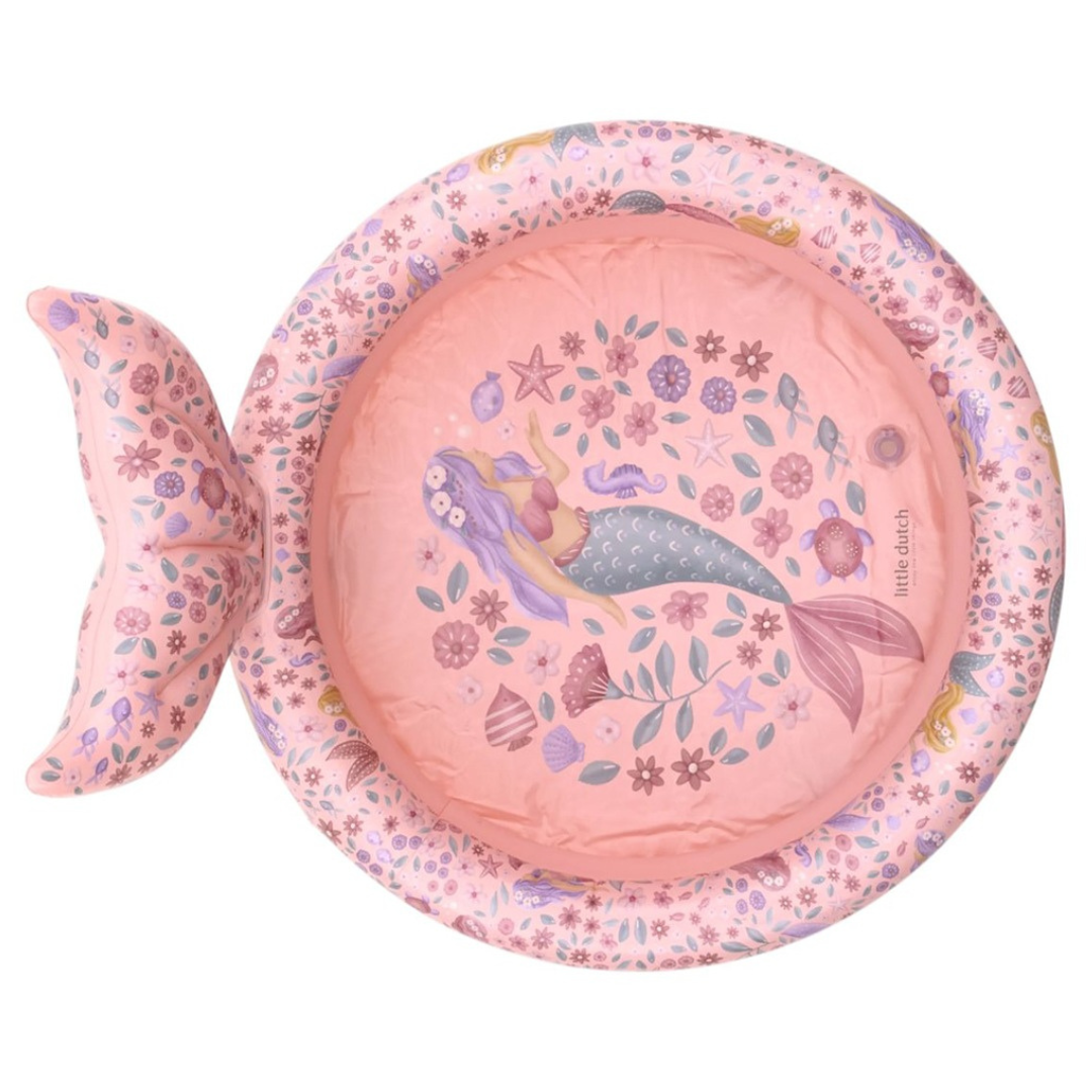 Piscina insuflável rosa com padrão de sereia e flores