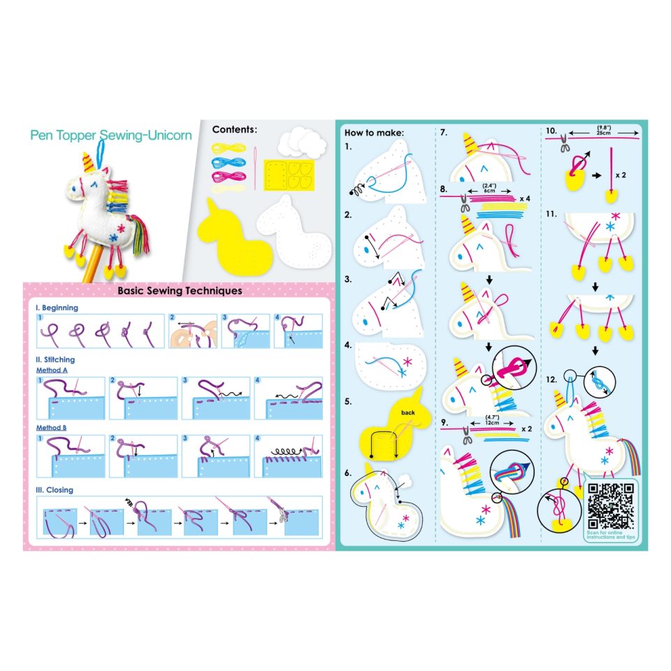 Manual de costura para topper de caneta unicórnio com esquema e materiais coloridos