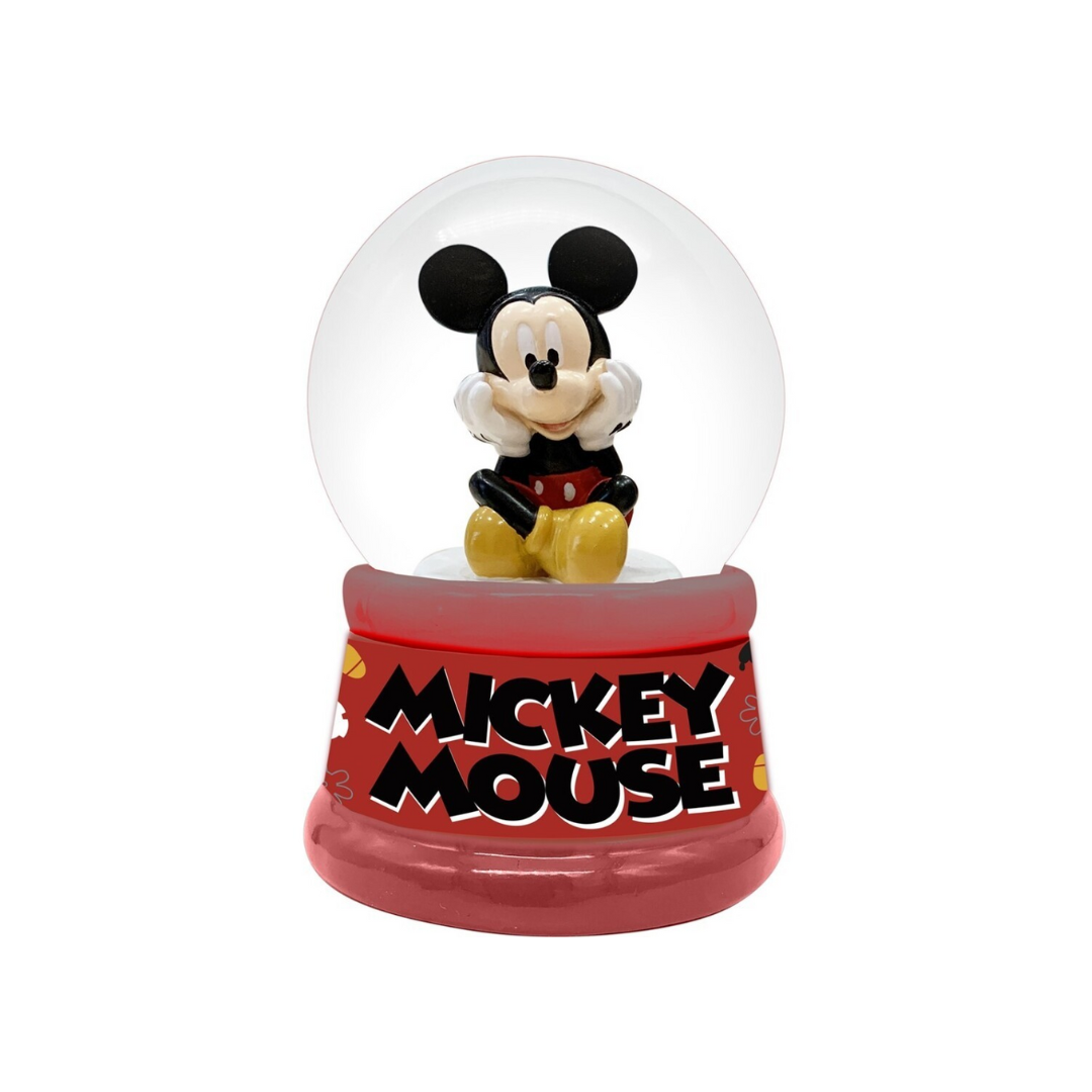 Globo de neve com boneco de Mickey Mouse e base vermelha com texto MICKEY MOUSE