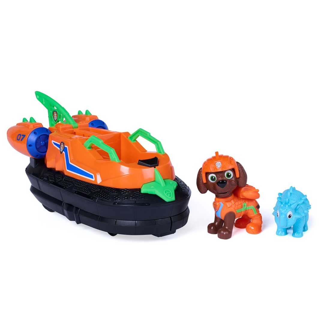 Brinquedo hovercraft laranja e preto com figuras de cão e dinossauro