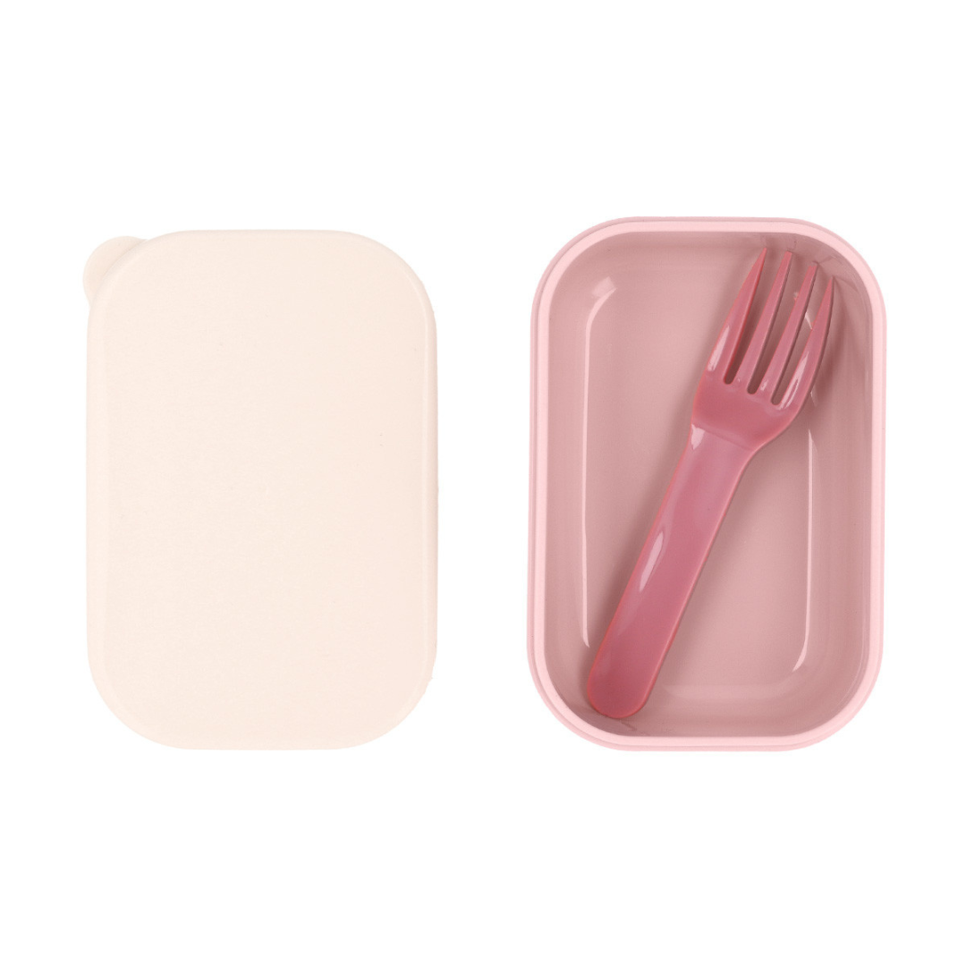 Caixa de almoço retangular rosa com tampa bege e garfo rosa