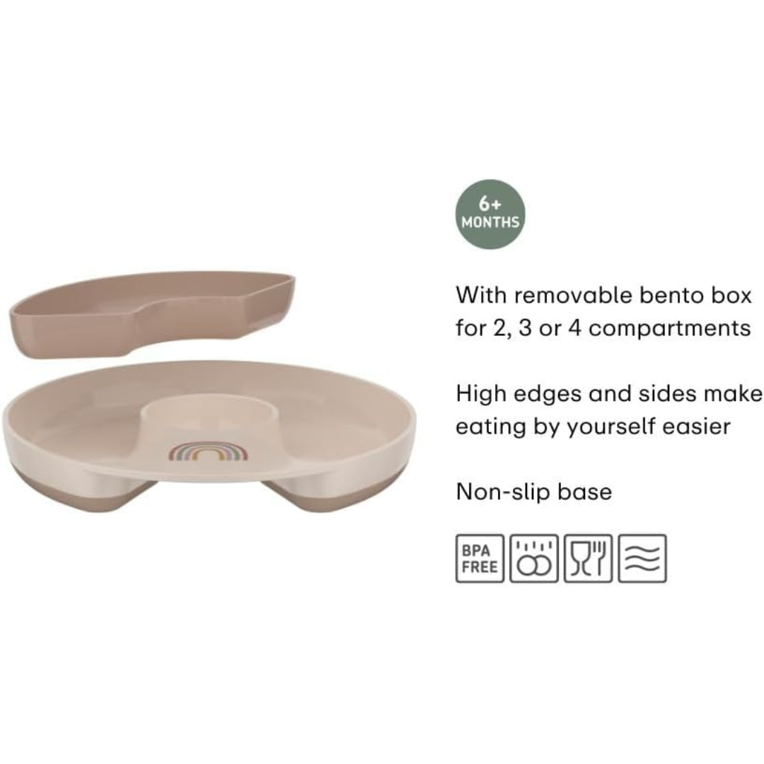 Prato infantil dividido cor bege com compartimento removível e base antiderrapante.