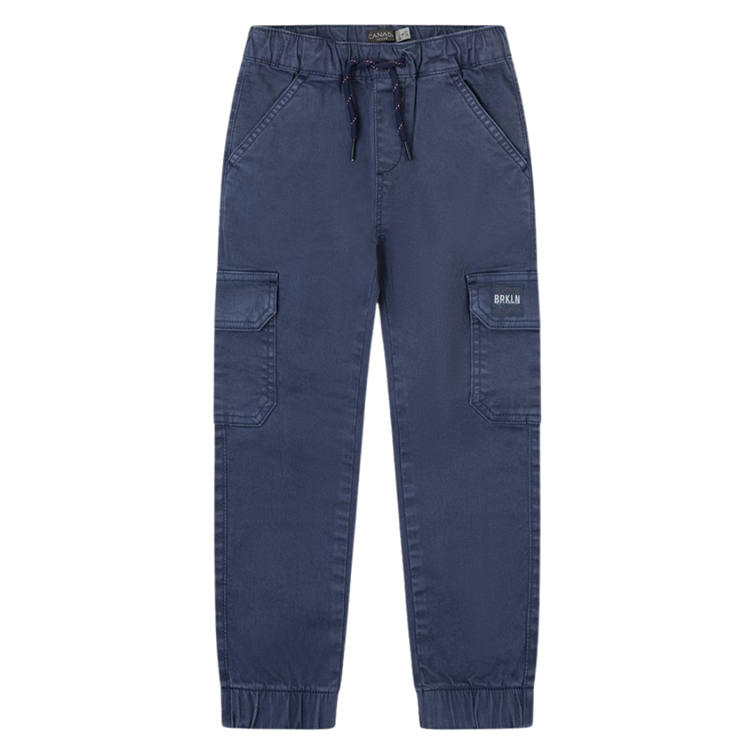 Calças azuis com bolsos e cintura elástica