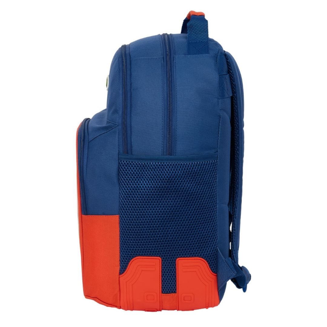 Mochila azul e laranja vista de lado com bolso de rede