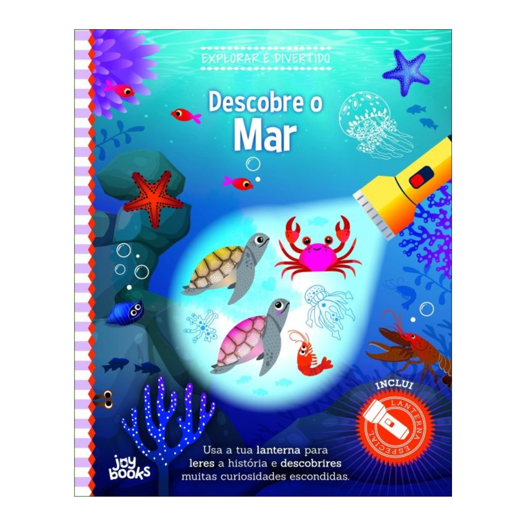 Capa de livro infantil 'Descobre o Mar' com desenhos marinhos e lanterna amarela.