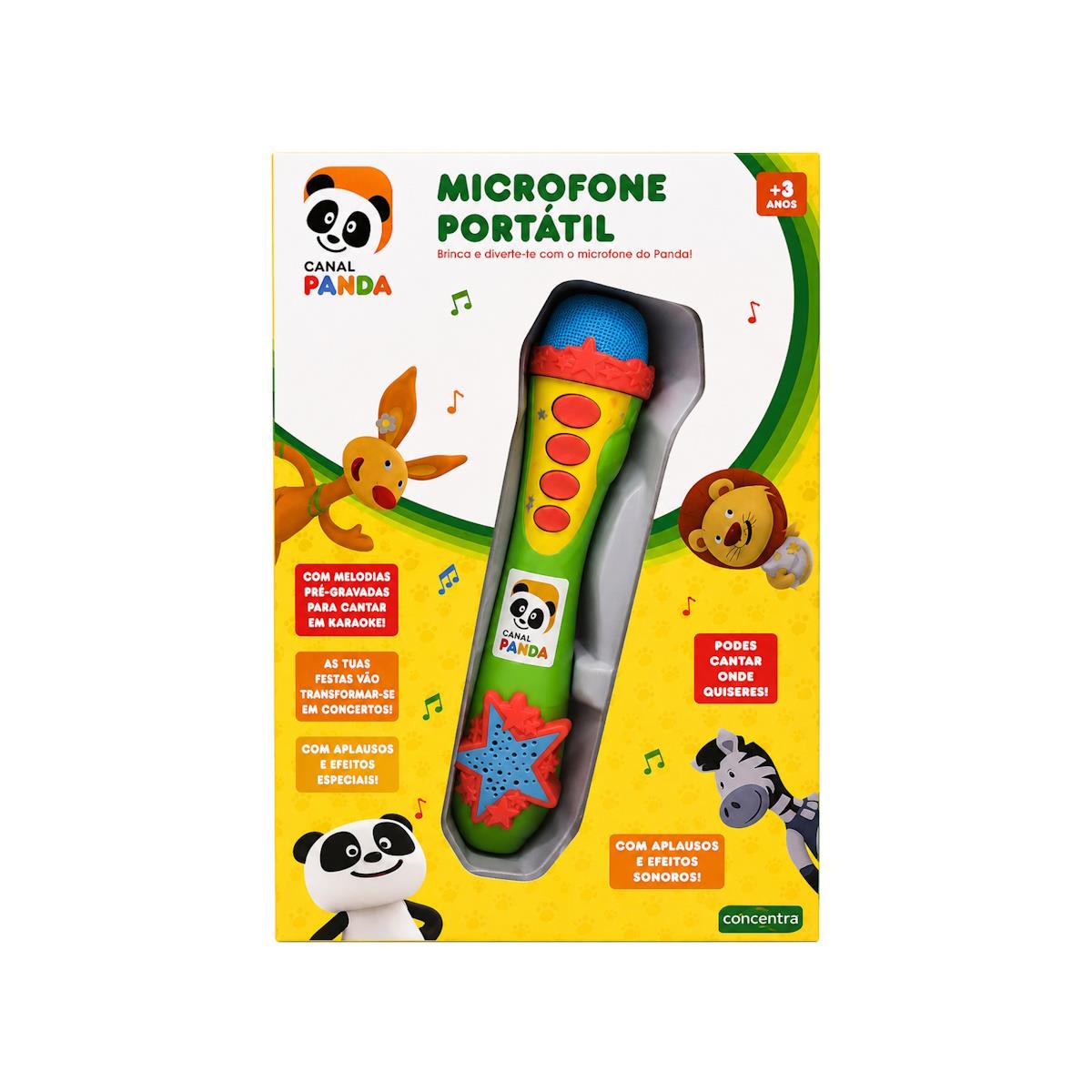 Microfone portátil infantil verde em embalagem amarela com desenhos de animais e texto em português.