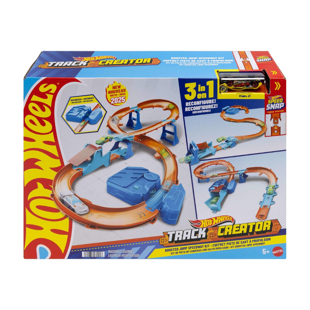 Conjunto de pista Hot Wheels Track Creator Boosted Jump Speedway Kit em caixa colorida com trilhos laranja e peça motorizada azul.